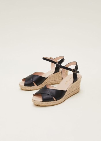 Phase Eight Leather Cross Front Espadrilles Heels Black Canada | RSIXLA-192